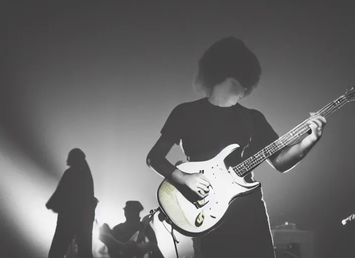 Prompt: a 2 8 mm macro photo from the back of a guitarist in the spotlight on stage at a festival in silhouette in the 1 9 6 0 s, bokeh, canon 5 0 mm, cinematic lighting, dramatic, film, photography, golden hour, depth of field, award - winning, 3 5 mm film grain