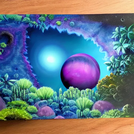 Prompt: fantasy alien planet landscape indigo, purple, and cyan strange succulent type colorful plants and unusual trees, crater pond with water and ringed planet rising on the horizon detailed airbrushed luminescent oil painting trending on artstation 4 k