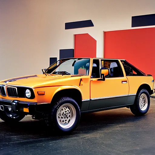 Image similar to 1979 HUMMER BMW M1, inside of an auto dealership, ektachrome photograph, volumetric lighting, f8 aperture, cinematic Eastman 5384 film