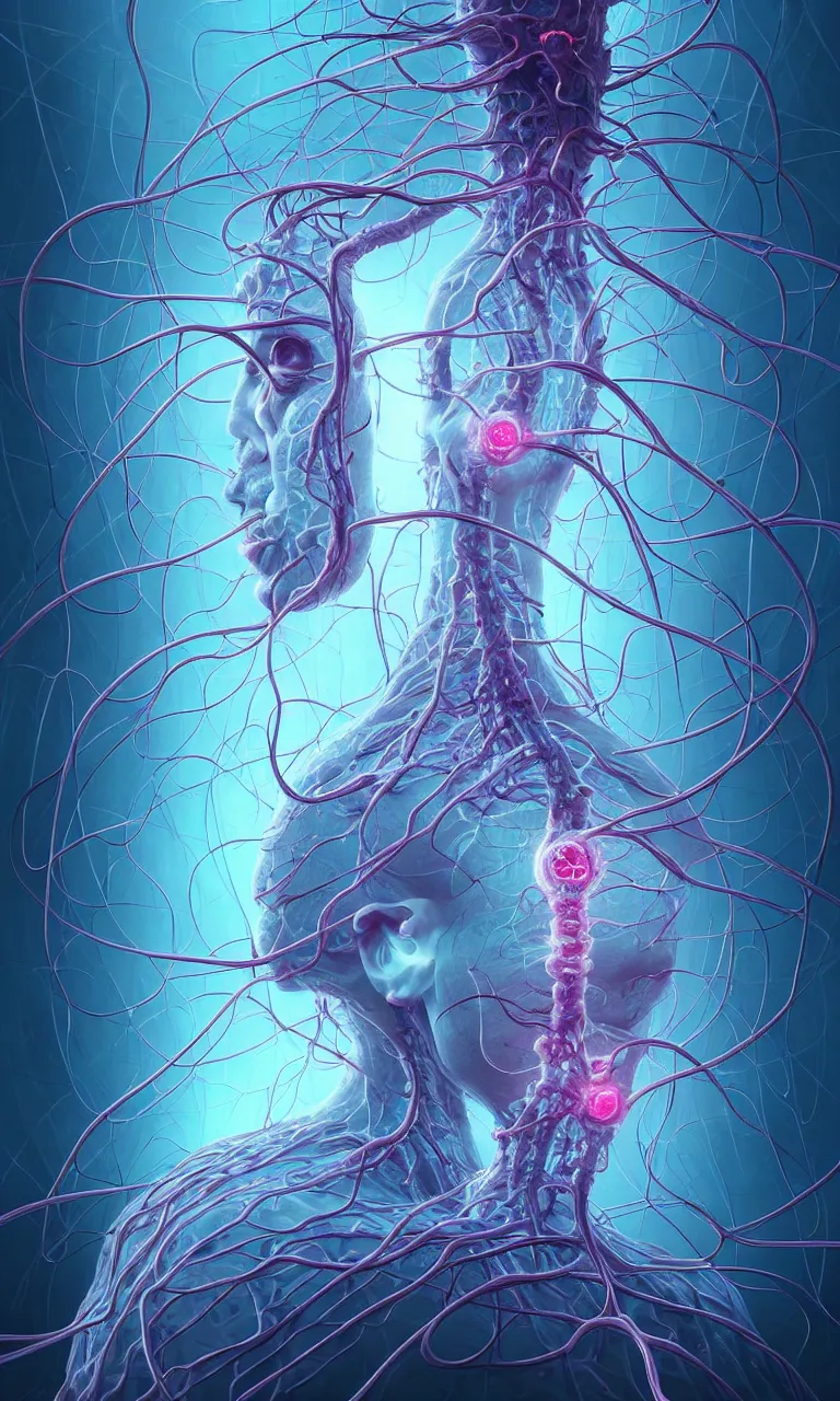 Image similar to internal lymphocyte virion rawandrendered synaptic fractality transmission embryonic umbilical child figure glial neurons cyberpunk nerve cells microscopic hyphae by wojtekfus facey rossdraws. neuronal iridescent megacity neuron synapse by beksinski. # imaginativerealism