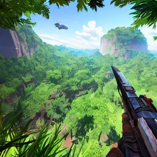 Image similar to pov shot, standing on a cliff and looking into a huge canyon filled with beautiful forest, game ark survival evolved style, watercolor, highly detailed, high contrast, a t-rex in the distance