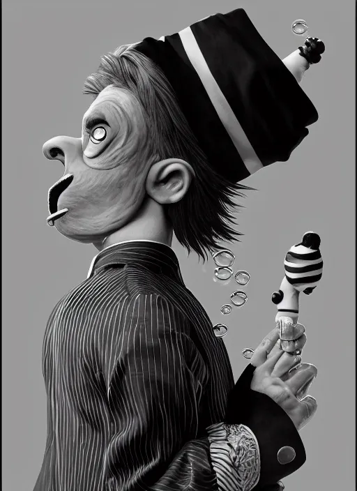 Image similar to an anthropomorphic beautiful male wizard portrait blowing bubbles wearing black and white stripes robe, fine art, award winning, intricate, elegant, sharp focus, octane render, hyperrealistic, cinematic lighting, highly detailed, digital painting, 8 k concept art, art by jamie hewlett and z. w. gu, masterpiece, trending on artstation, 8 k