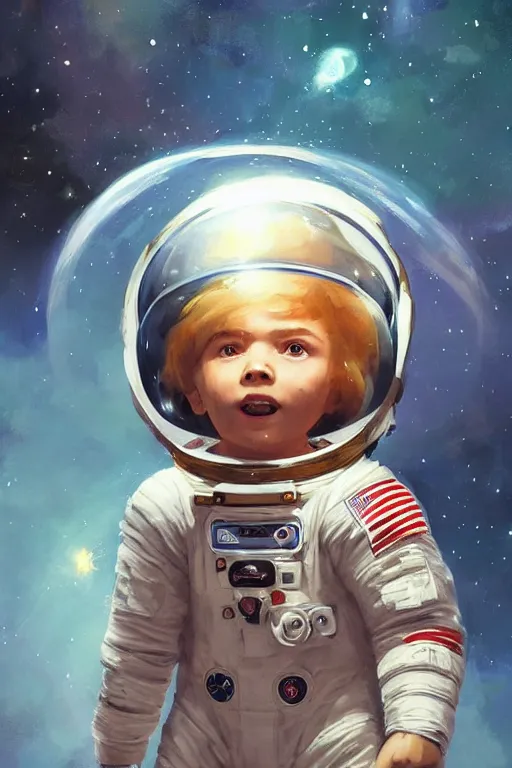 Prompt: a little boy with a cherubic michievous face and ginger hair floating in space, surrounded by stars. he is an astronaut, wearing a space suit. clean elegant painting, beautiful detailed face. by raymond swanland and artgerm and greg rutkowski