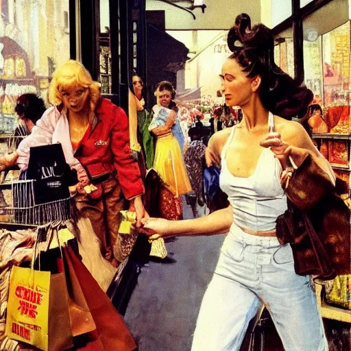 Prompt: action scene of women shopping, oil painting by frank frazetta and norman rockwell, cinematic, hyperreal, intense, highly textured, wide angle, insanely detailed, god rays, 3 5 mm, shallow depth of field