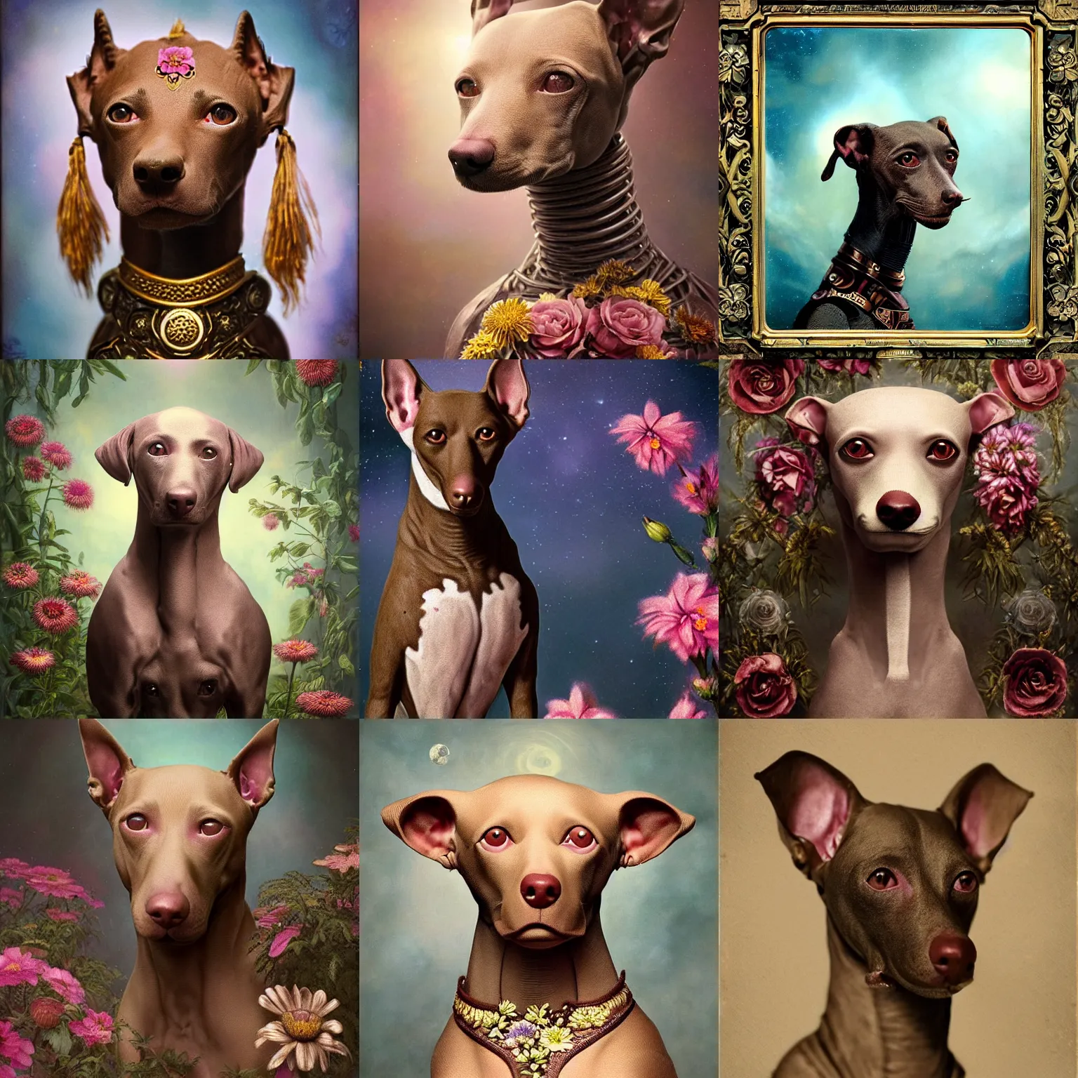 Prompt: a beautiful ultradetailed vintage photo of an ancient aztec hairless dog breed set against space, by tom bagshaw and anna dittman, portrait, soft backglow, vignette, 8 5 mm lens, golden ratio composition, detailed faces, studio lighting, very detailed, robot dogs overgrown with flowers, artstation, 8 k, highly coherent