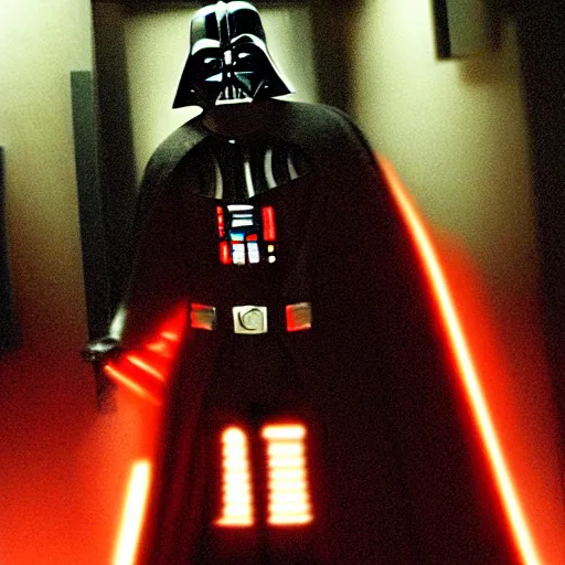 Image similar to darth vader is walking up to a chicago bungalow at night.