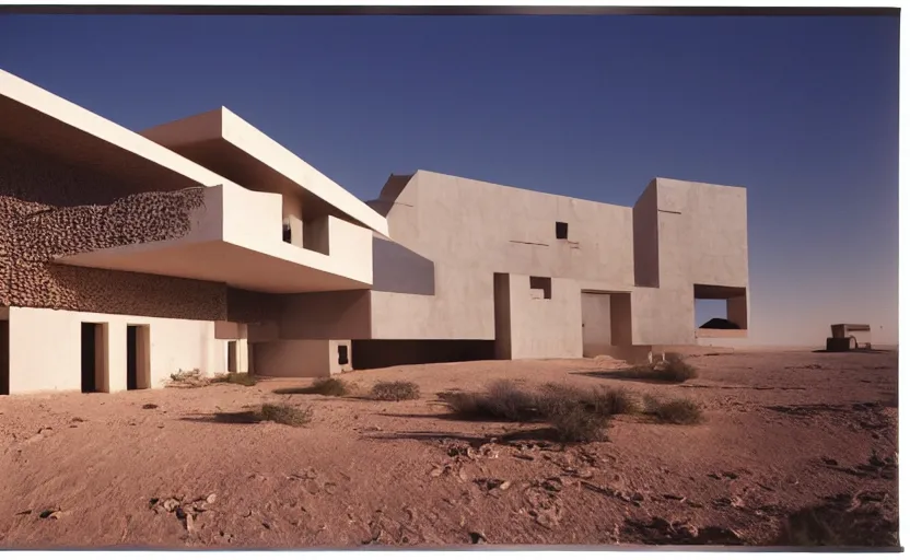 Prompt: movie still of modern architecture house in a deep gulf in the desert, by Canaletto and Alberti, Cinestill 800t 18mm