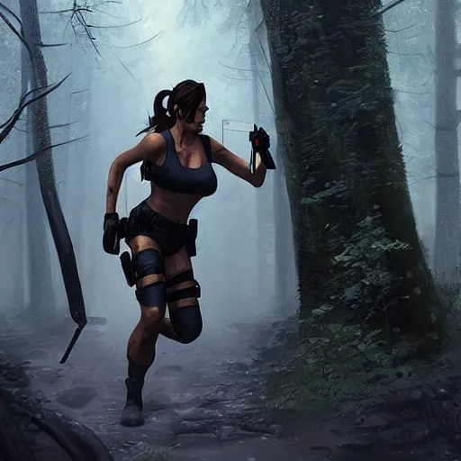 Image similar to photo of lara croft being arrested by cops in a forest, 8 k, by greg rutkowski, artgerm,