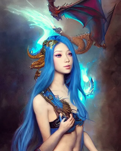 Image similar to stunningly beautiful female with a dragon back tattoo, blue hair, dj sura, laser lights, sharp focus, digital painting, 8 k, concept art, art by wlop, artgerm, greg rutkowski and alphonse mucha