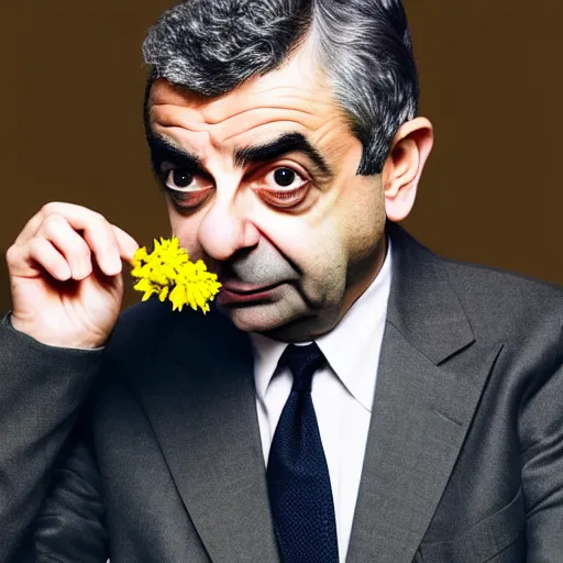 Image similar to photo of rowan atkinson eating a flower, highly detailed, extremely high quality, hd, 4 k, 8 k, professional photographer, 4 0 mp, lifelike, top - rated, award winning, realistic, detailed lighting, detailed shadows, sharp, no blur, edited, corrected, trending