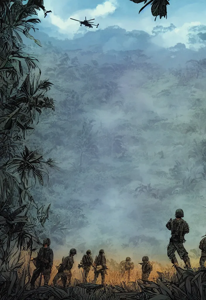 Prompt: handmade illustration of an epic Vietnam war scene with a few american soldiers walking, the jungle at the background, some smoke and fire, blue sky with dramatic clouds, line art, ink, watercolor by Kilian Eng and by Jake Parker, heavy brushstrokes, winning-award masterpiece, fantastic, octane render, 8K HD Resolution, High quality image