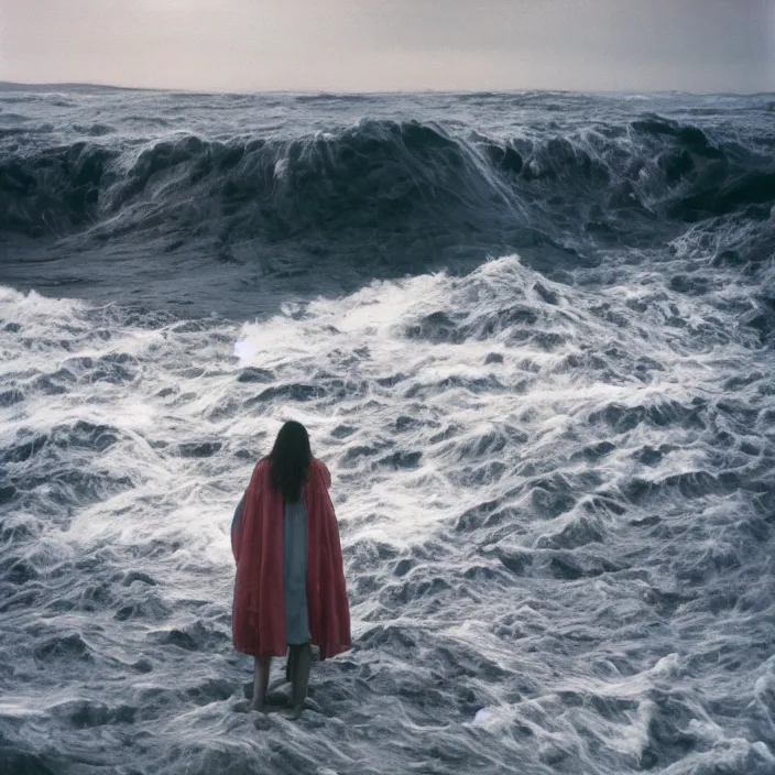 Image similar to a woman wearing wrapped in plastic, standing in front of a giant tsunami wave, color photograph, by vincent desiderio, canon eos c 3 0 0, ƒ 1. 8, 3 5 mm, 8 k, medium - format print