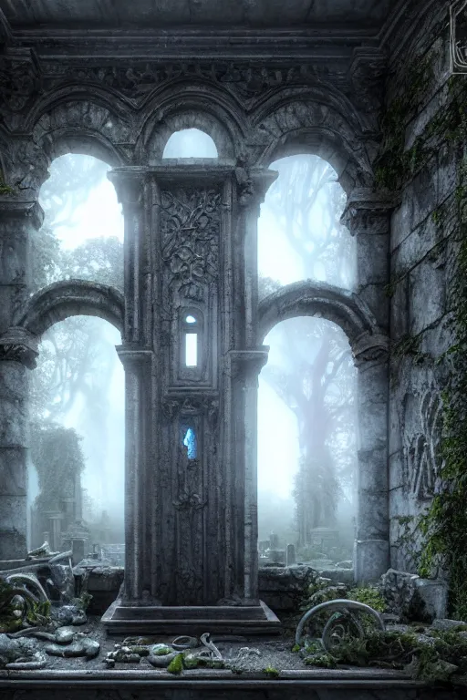 Image similar to the ruins of the crypt in the cemetery, intricate, ethereal, by luis royo, hyper detailed, weta digital, ray trace, unreal engine, trending on artist, beautifully lit, cinematic, soft light, photorealistic, volumetric, realistic, glossy, 8 k post - production, masterpiece, luxury, smooth