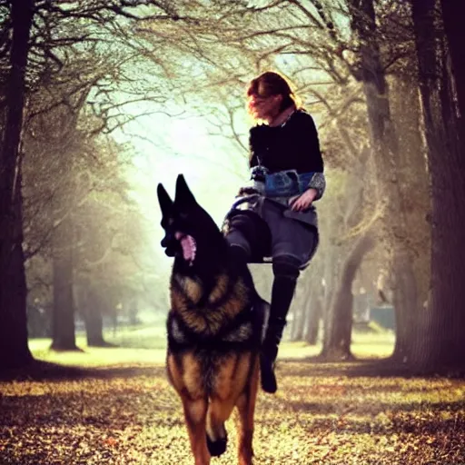 Image similar to girl riding a giant German shepherd in the park, trending on artstation