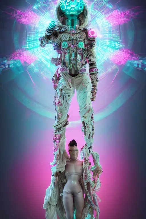 Image similar to full-body rococo and cyberpunk style porcelain sculpture of a young handsome seductive Peruvian android prince reaching for the sky, glowing pink laser eyes, crown of white gears and diamonds, swirling green-colored silk fabric. futuristic elements. full-length view. intricate artwork by caravaggio. Trending on artstation, octane render, cinematic lighting from the right, hyper realism, octane render, 8k, depth of field, 3D