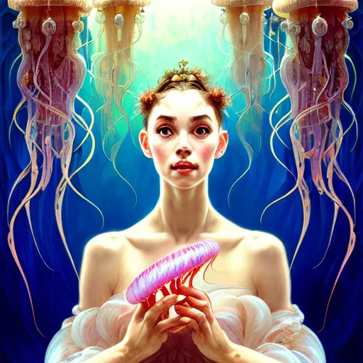 Prompt: Portrait of a ballerina surrounded by jellyfish and butterflies, face, fantasy, intricate, elegant, highly detailed, digital painting, artstation, concept art, smooth, sharp focus, illustration, art by Fernanda Suarez and Artem Demura and alphonse mucha