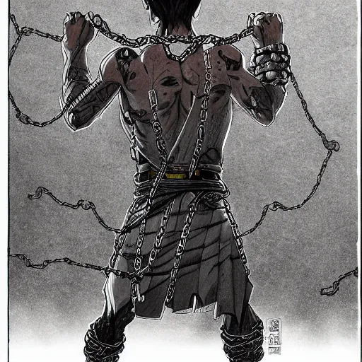 Image similar to A FULL BODY PORTRAIT FROM BEHIND OF TAKEZO VAGABOND ,THE MAN KEEPS A KUSARIGAMA AND IT IS WRAPPED IN CHAINS ,detailed, concept art, ink style , sketch