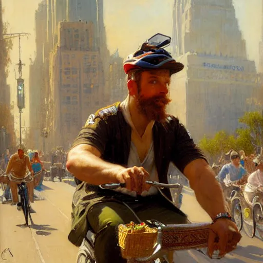 Prompt: uber eats delivery driver on a bicycle, very defined and highly detailed painting by gaston bussiere, j. c. leyendecker, craig mullins 8 k