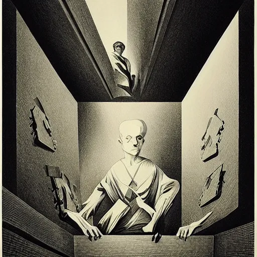 Image similar to lithography on paper secret lair conceptual figurative post - morden monumental dynamic portrait by goya and escher and hogarth, illusion surreal art, highly conceptual figurative art, intricate detailed illustration, controversial poster art, polish poster art, geometrical drawings, no blur