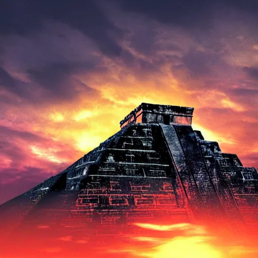 Prompt: sunset over the ruins of the Mayan pyramids, epic, high contrast, artstation, concept art, sharp focus, landscape