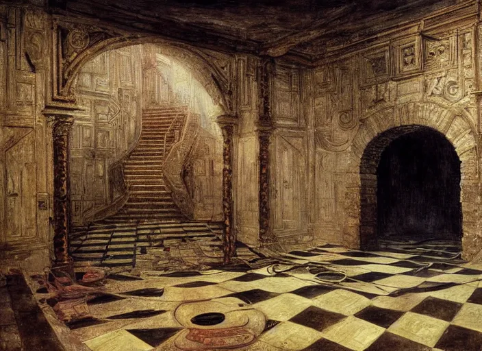 Prompt: jim henson's labyrinth. oubliette. you are in an oubliette : a place where people and things are put to be forgotten by edgar maxence and caravaggio and delacroix style, artistic, intricate painting, cinematic lighting, hyper realistic, extremely detailed, vivid colors, establishing shot, dramatic lighting