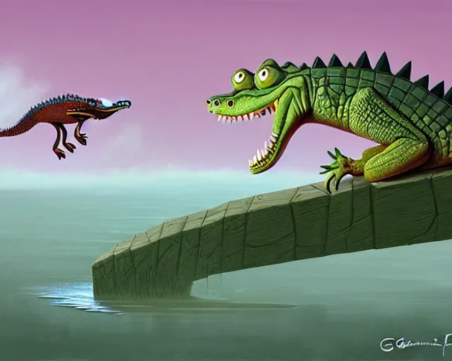 Image similar to A crocodile trying to catch a roadrunner, Funny cartoonish, by Gediminas Pranckevicius H 704