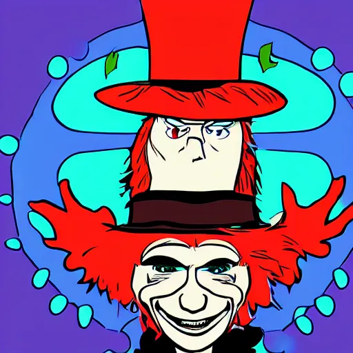 Image similar to mad - hatter - the - lunatic - madman as an nft - comic - art made by pop wonder, svg comic style, vector - artwork made in adobe - illustrator