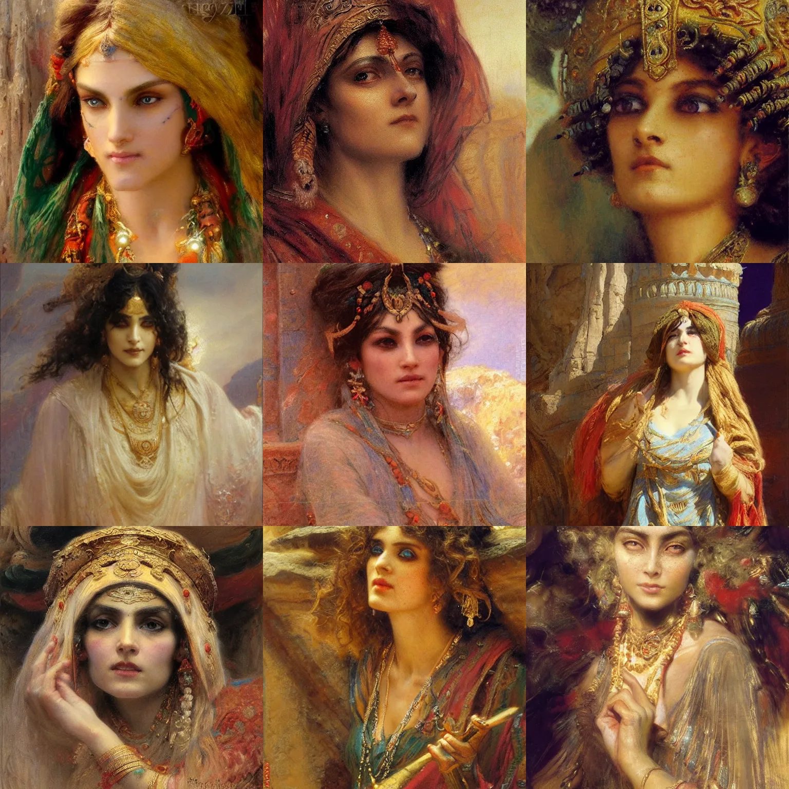 Prompt: orientalism female wizard in a sandstone temple face detail by gaston bussiere and nikolay makovsky and theodore ralli and thomas lawrence, masterful intricate artwork, excellent lighting, high detail 8 k