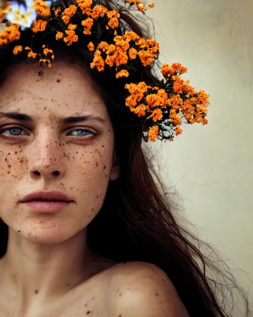 Image similar to !dream Close-up portrait of a woman, close-up, high sharpness, zeiss lens, fashion photo shoot, flowers, black hair, freckles, Annie Leibovitz and Steve McCurry, David Lazar, Jimmy Nelsson, artistic, hyper-realistic, beautiful face, octane rendering