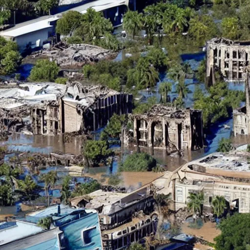 Prompt: universal studios in ruins, and flooded