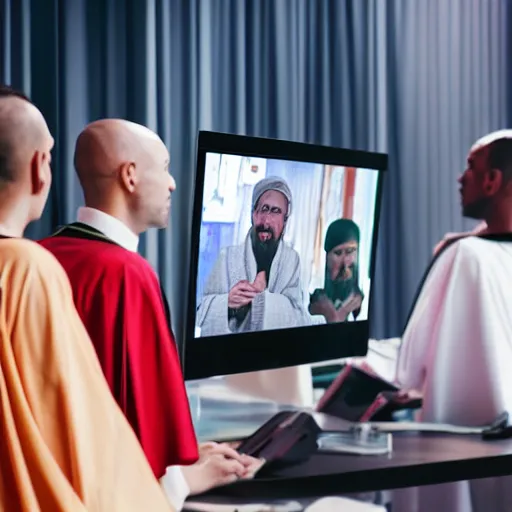 Prompt: “people in robes watching big brother on computer graphics conference 4K realistic”