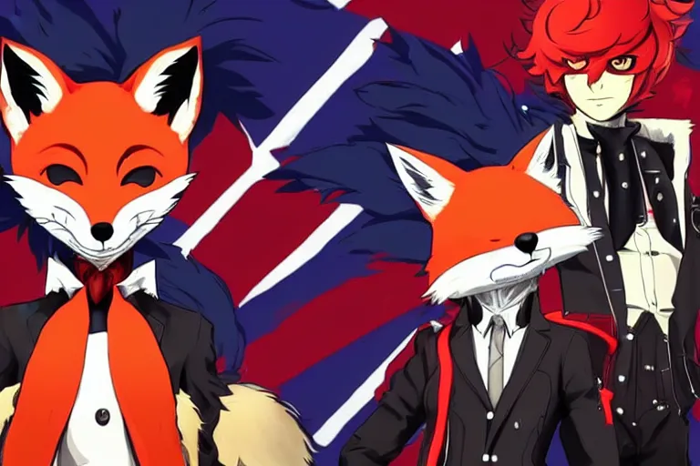 Image similar to a furry tan male fox on a persona 5 : royal ( by atlus ) video game splash screen, a furry male sandcolored tan fox fursona ( has hair ), persona 5 phantom thief style