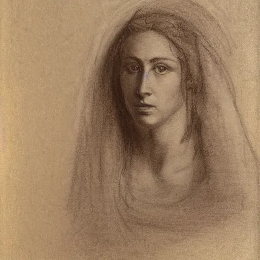 Prompt: white chalk study of a womans portarit by arnold bocklin. fine detail showing the forms of the face. studio lighting. sketch where you can see the artists lines