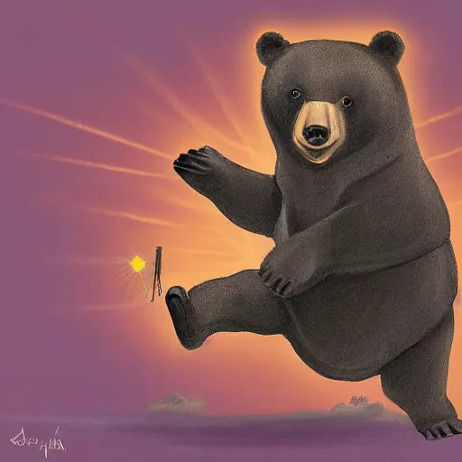 Prompt: a bear running to catch a rocket ship that already launched, digital painting