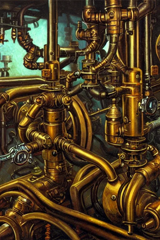 Prompt: classic oil painting, closeup of a dangerous steampunk valve machines, as a dnd cover illustration, inside of an abandoned lab, ominous, concept art, extremely detailed, smooth, sharp focus, art by brothers hildebrandt