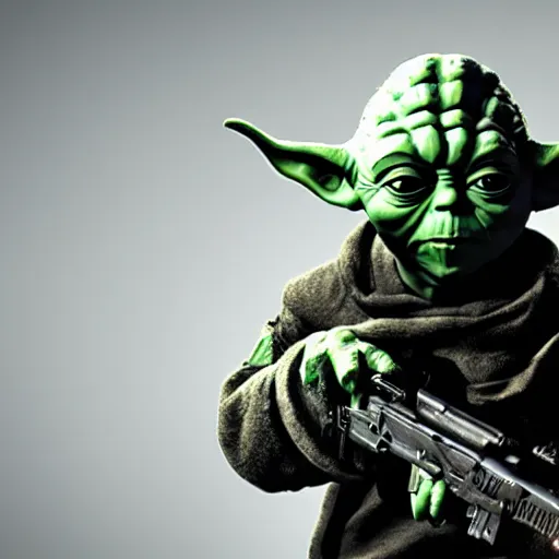 Image similar to Yoda as the main character in Call of Duty black ops, holding a gun, highly detailed, high quality, HD, 4k, 8k, Canon 300mm, professional photographer, 40mp, lifelike, top-rated, award winning, realistic, sharp, no blur, edited, corrected, trending