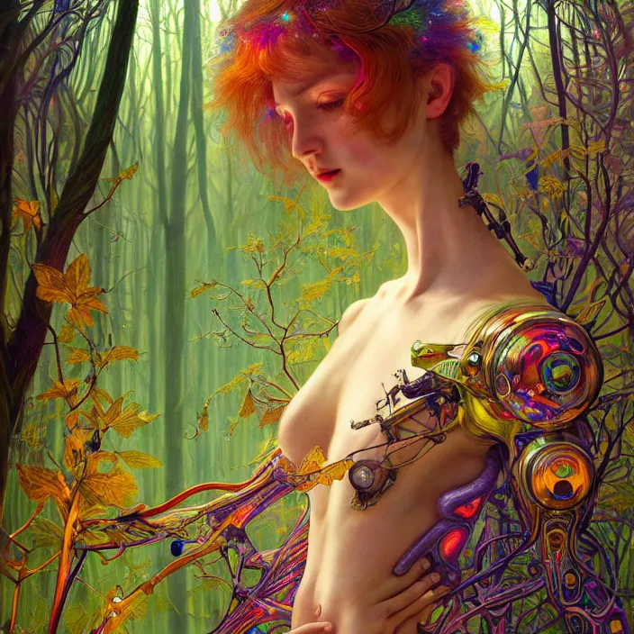 Image similar to bright psychedelic portrait of shy organic cyborg in an ancient forest, diffuse lighting, fantasy, intricate, elegant, highly detailed, lifelike, photorealistic, digital painting, artstation, illustration, concept art, smooth, sharp focus, art by John Collier and Albert Aublet and Krenz Cushart and Artem Demura and Alphonse Mucha