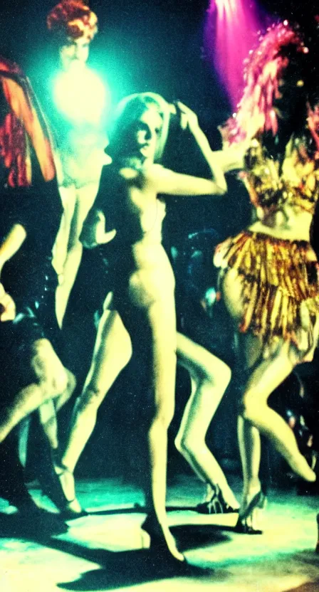 Image similar to the Antichrist dancing at Studio 54, disco, saturated color, ghosts in the background, high contrast, strobe lights, sparkles, depth of field, 1976, bad VHS