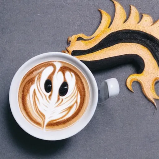 Prompt: photo, asian dragon's head as latte art, dragon face, playful, illustration