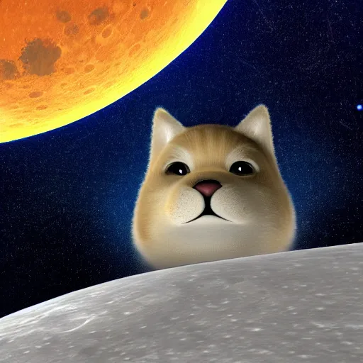 Image similar to a big fat cat guards a big fat dog on the moon, 3 d render, cosmic vibes