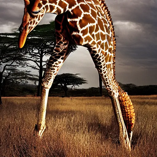 Image similar to a Giraffe with the armor of a pangolin, national geographic photograph