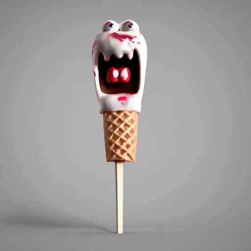 Prompt: ice cream popsicle shaped like screaming chucky doll, octane render