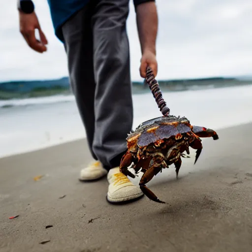 Image similar to elderly man walking a pet crab, leash, park, happy, canon eos r 3, f / 1. 4, iso 2 0 0, 1 / 1 6 0 s, 8 k, raw, unedited, symmetrical balance, wide angle