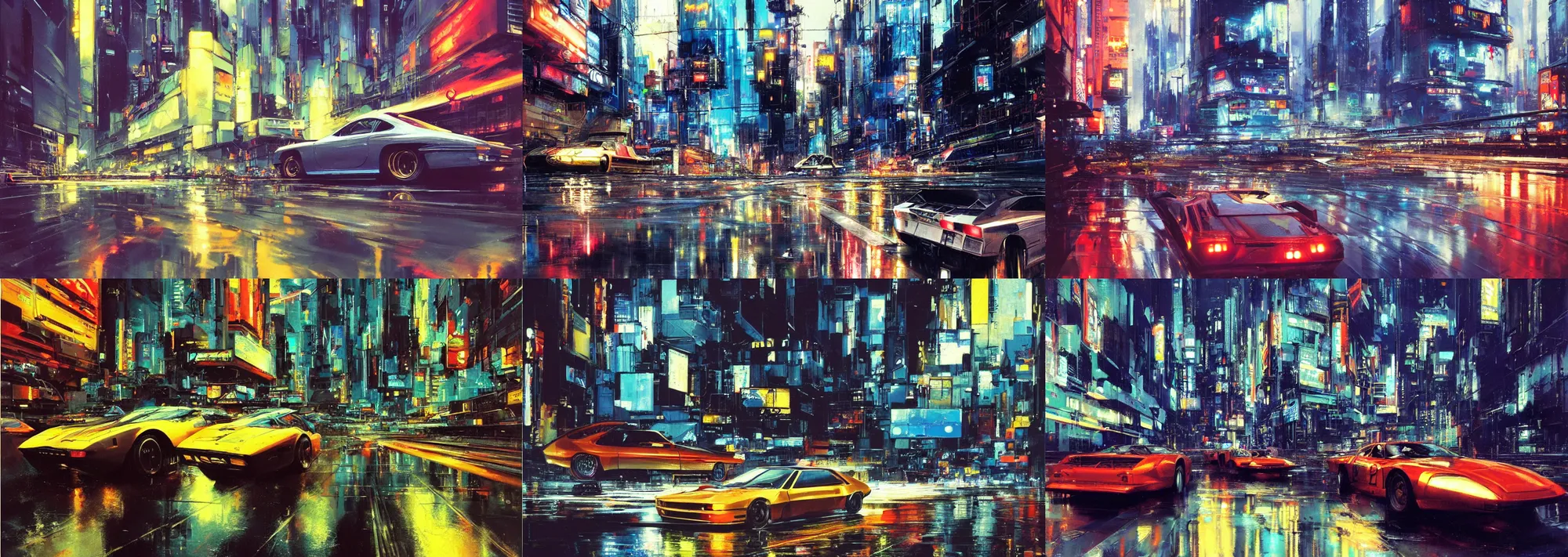 Prompt: racecar, rainy cyberpunk city, reflections, nights, 6 point perspective, by john berkey, trending on artstation
