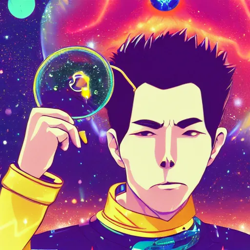 Image similar to A man drinking a cup of cosmic energy bright light by Masafumi Harada, 4k, digital art, surreal, anime style, space dandy style, highly detailed, godsend, artstation