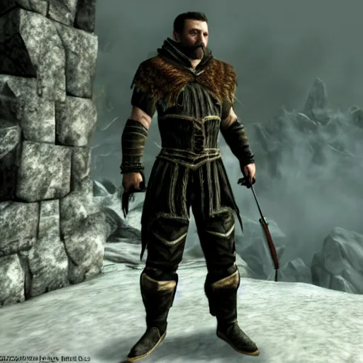 Prompt: Igor Ghirkin Strelkov in The Elder Scrolls V: Skyrim, cinematic still