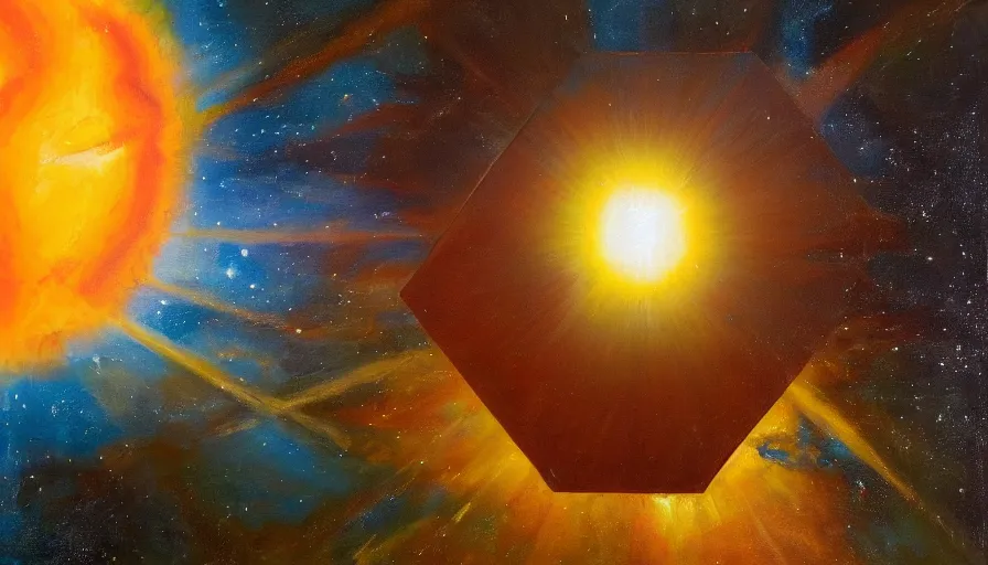 Image similar to the sun being blocked by a hexagon in space, planet earth in the foreground, oil painting