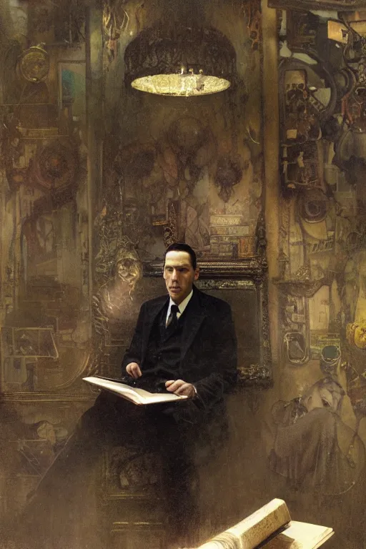 Image similar to , h p lovecraft reading an ancient tome at a victorian study hyperrealistic portrait, bladerunner street, art of elysium by jeremy mann and alphonse mucha and greg rutkowski, fantasy art, photo realistic, dynamic lighting, artstation, poster, volumetric lighting, very detailed face, 4 k, award winning