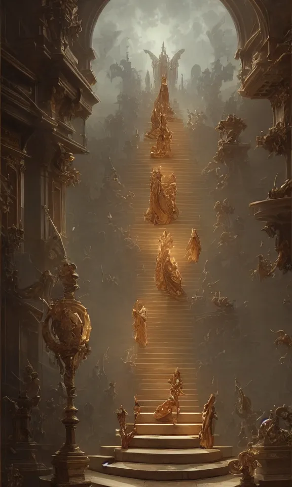 Image similar to straight staircase with ornate statues to heaven, art by greg rutkowski and peter mohrbacher, featured in artstation, octane render, cinematic, elegant, intricate, ultra detailed, rule of thirds, professional lighting, unreal engine, fantasy, concept art, sharp focus, illustration, 8 k