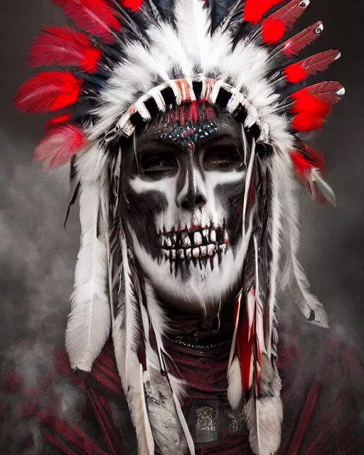 Image similar to the ghost - spirit of the grim - warpaint wears the scarlet skull armor and native blood headdress feathers, midnight fog - mist!, dark oil painting colors, realism, cinematic lighting, various refining methods, micro macro autofocus, ultra definition, award winning photo